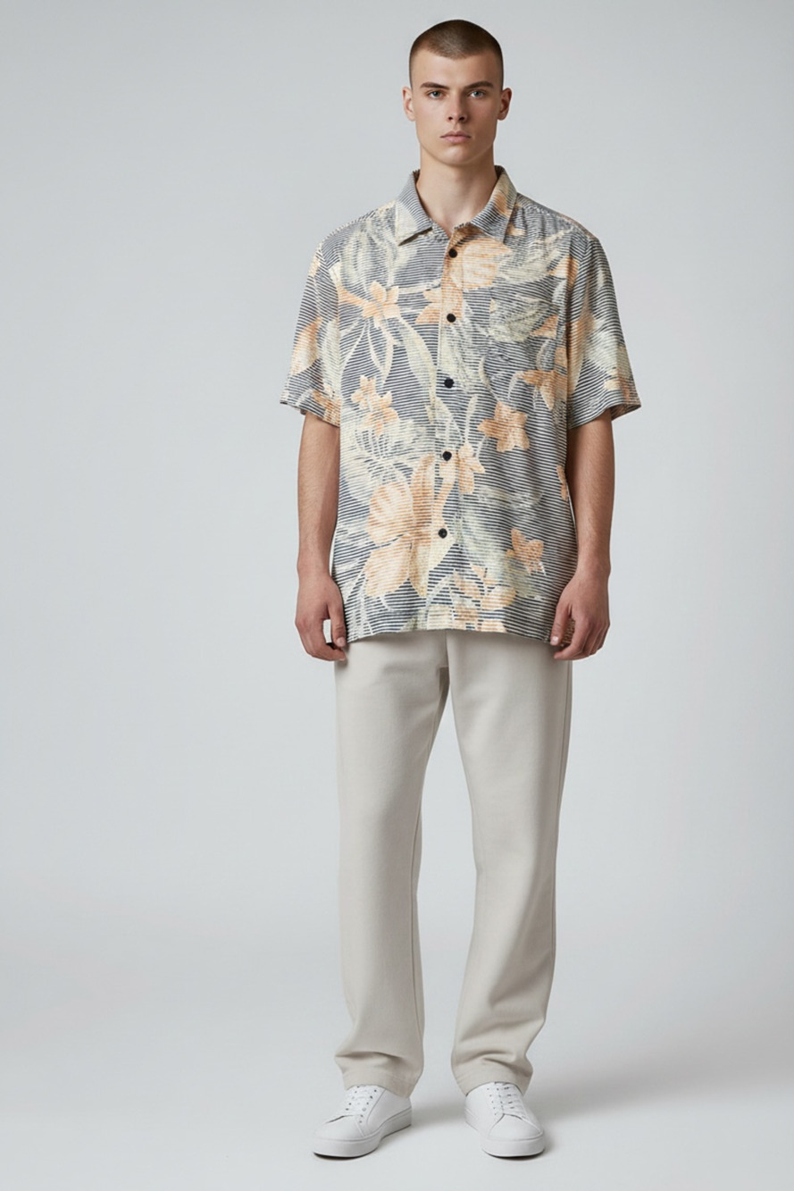 Aloha Bay Originals Men's Black Striped Orange Floral Short Sleeve Button-Down S